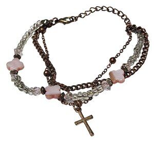 Cross Multi Strand Charn Bracelet Pink Flower Clear Beads Bronze Chain Religion
